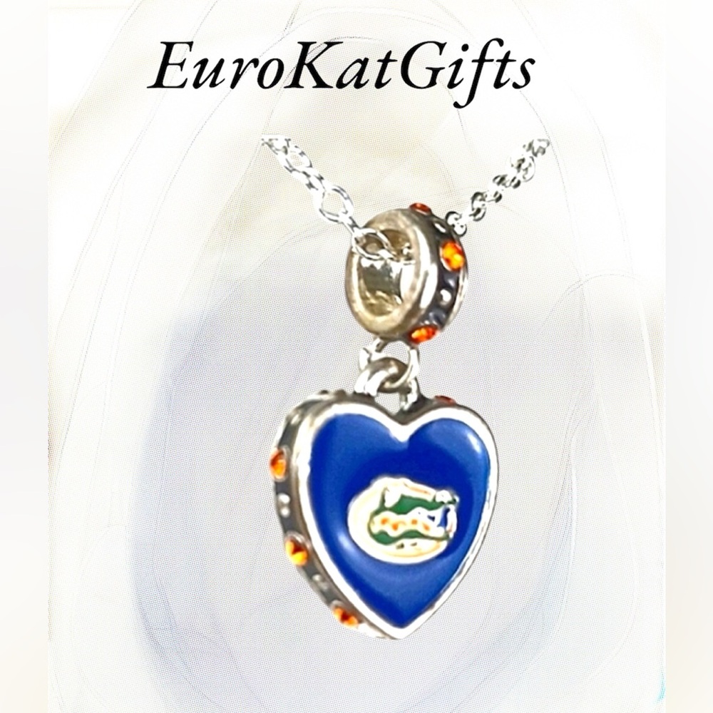 Florida Gator Heart Pendant charm Necklace Silver Blue Orange 18"-20" Chain NEW